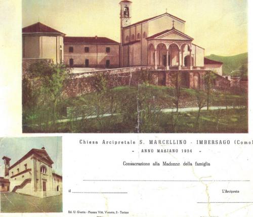 Documento dell'anno mariano 1954 con la Chiesa Arcipretale di S. Marcellino e la chiesa di S. Paolo.