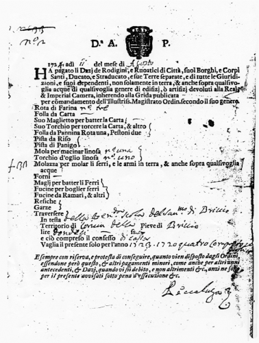 Documento del 1724 con l'elenco dei dazi commerciali