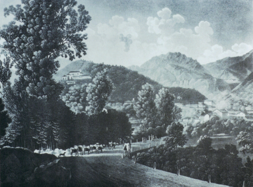 Rappresentazione pittorica in bianco e nero fatta dal Turnachè, con vista sul centro storico e una parte di Sabbione